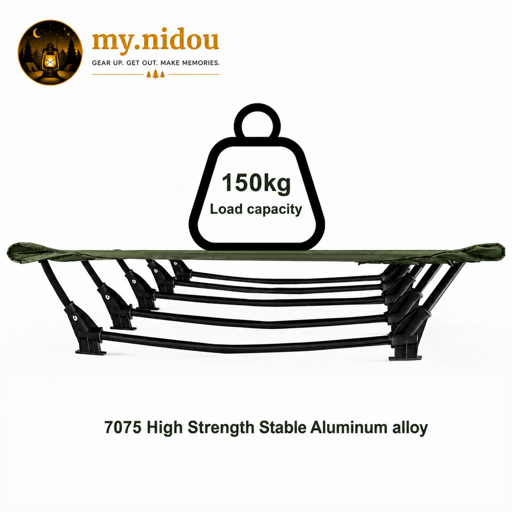 Heavy-duty camping cot with 150kg load capacity and 7075 aviation-grade aluminum alloy frame for stability and durability.