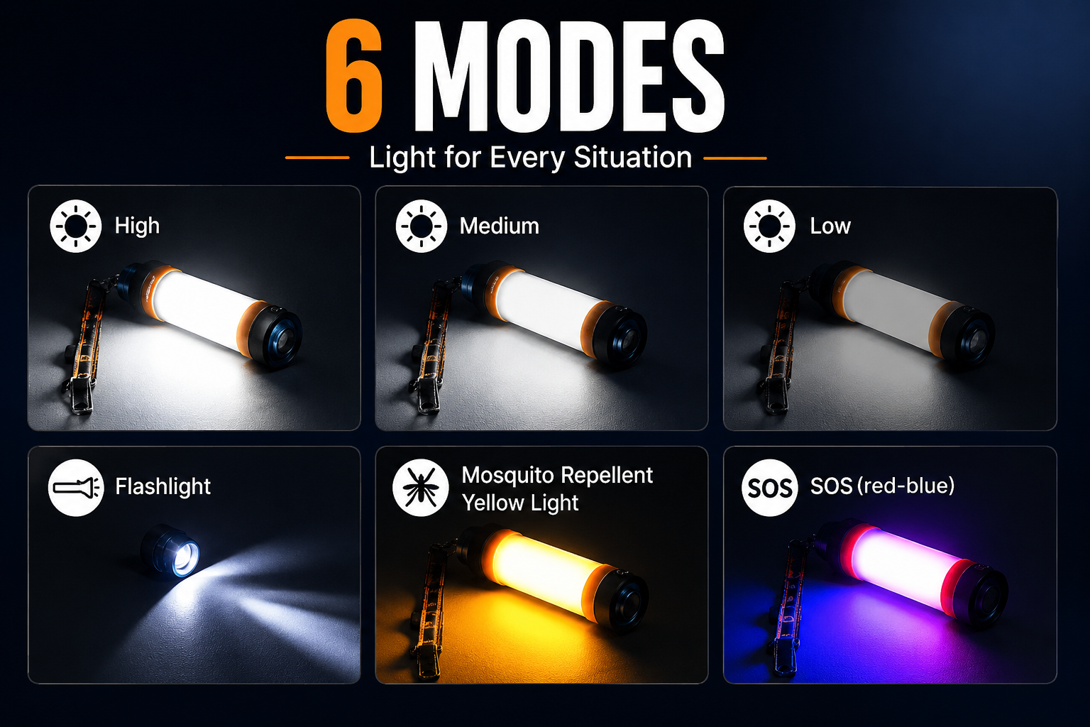 Lantern displaying six modes including COB floodlight and red emergency flash