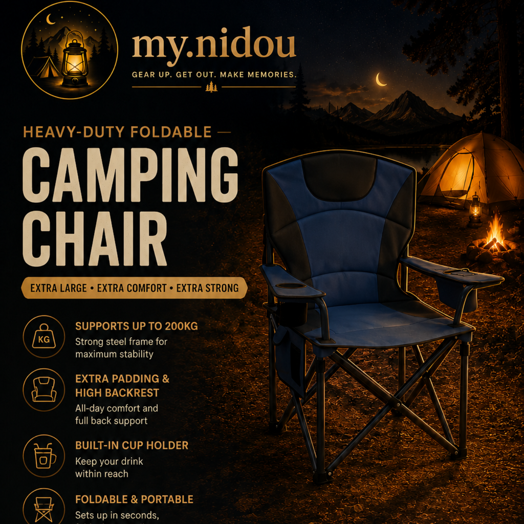 Heavy-duty foldable camping chair with padded backrest and cup holder