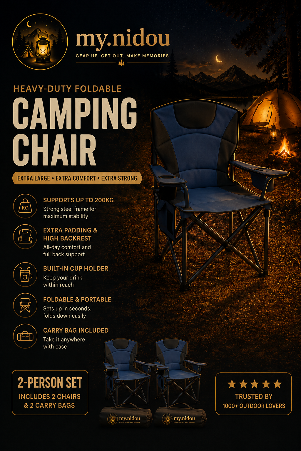 Heavy-duty foldable camping chair with padded backrest and cup holder