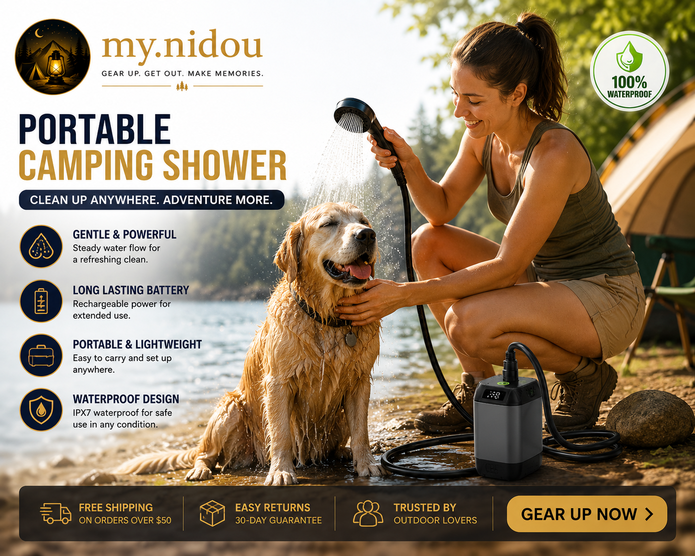 Portable camping shower being used to wash a dog at a lakeside campsite, showcasing pet cleaning and outdoor versatility.