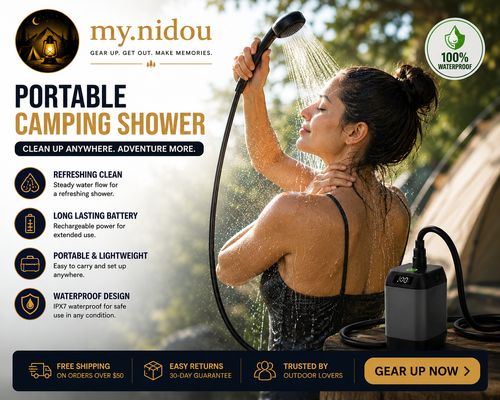 Woman using a portable camping shower beside a tent in nature, demonstrating convenient outdoor showering during camping and overlanding trips.