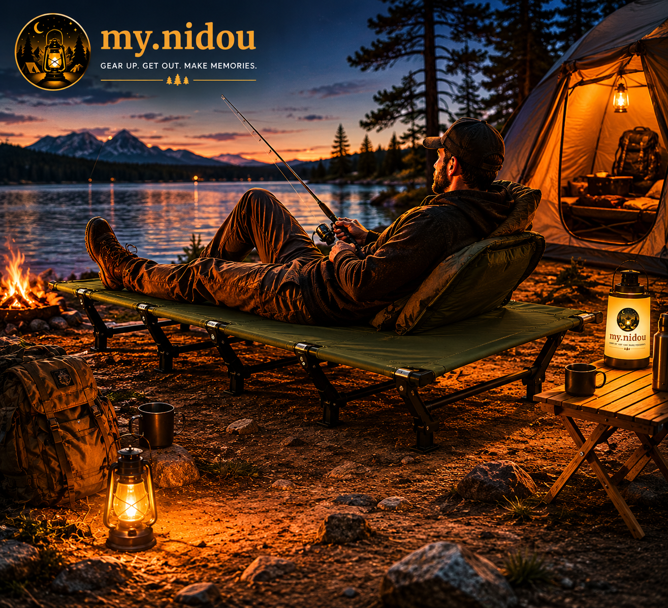 Camper relaxing on an ultralight folding camping cot beside a lake during sunset, portable outdoor camp bed for camping and fishing trips.