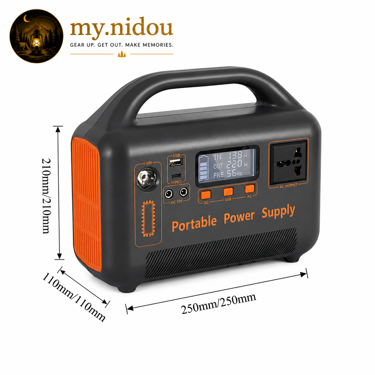 Portable solar power station and foldable solar panels at a lakeside campsite, providing renewable energy for camping, outdoor recreation, and mobile power needs.