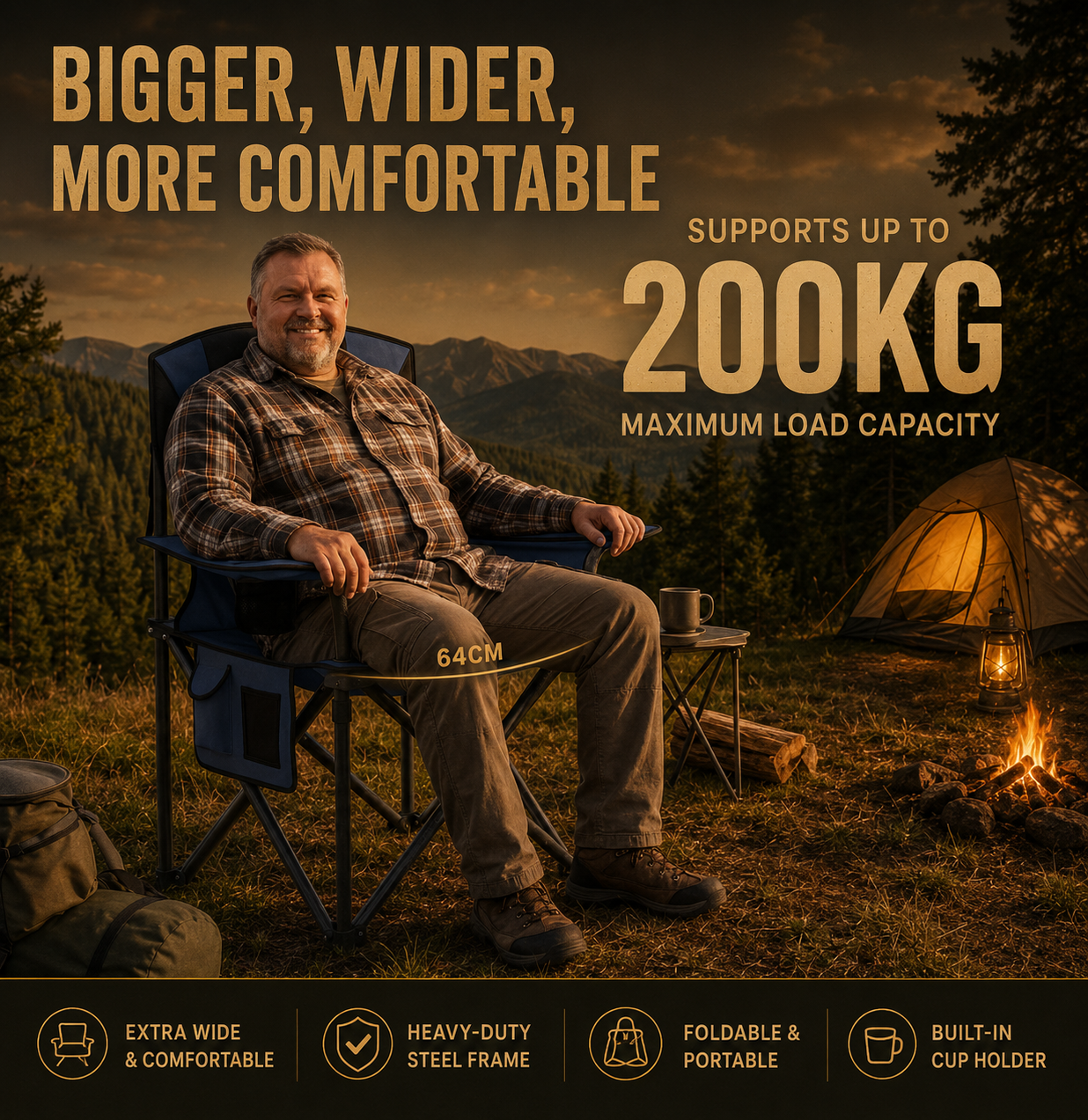 Foldable camping chair supporting up to 200KG with reinforced steel frame.