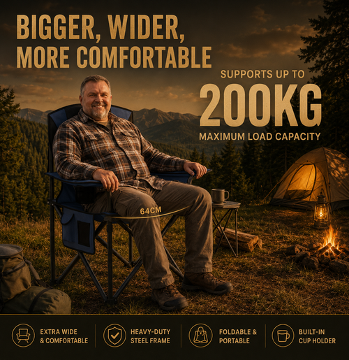 Foldable camping chair supporting up to 200KG with reinforced steel frame.