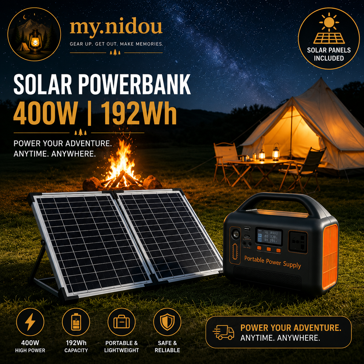Portable solar generator with foldable solar panels powering a campsite at night, ideal for off-grid camping, outdoor adventures, RV travel, and emergency energy needs.