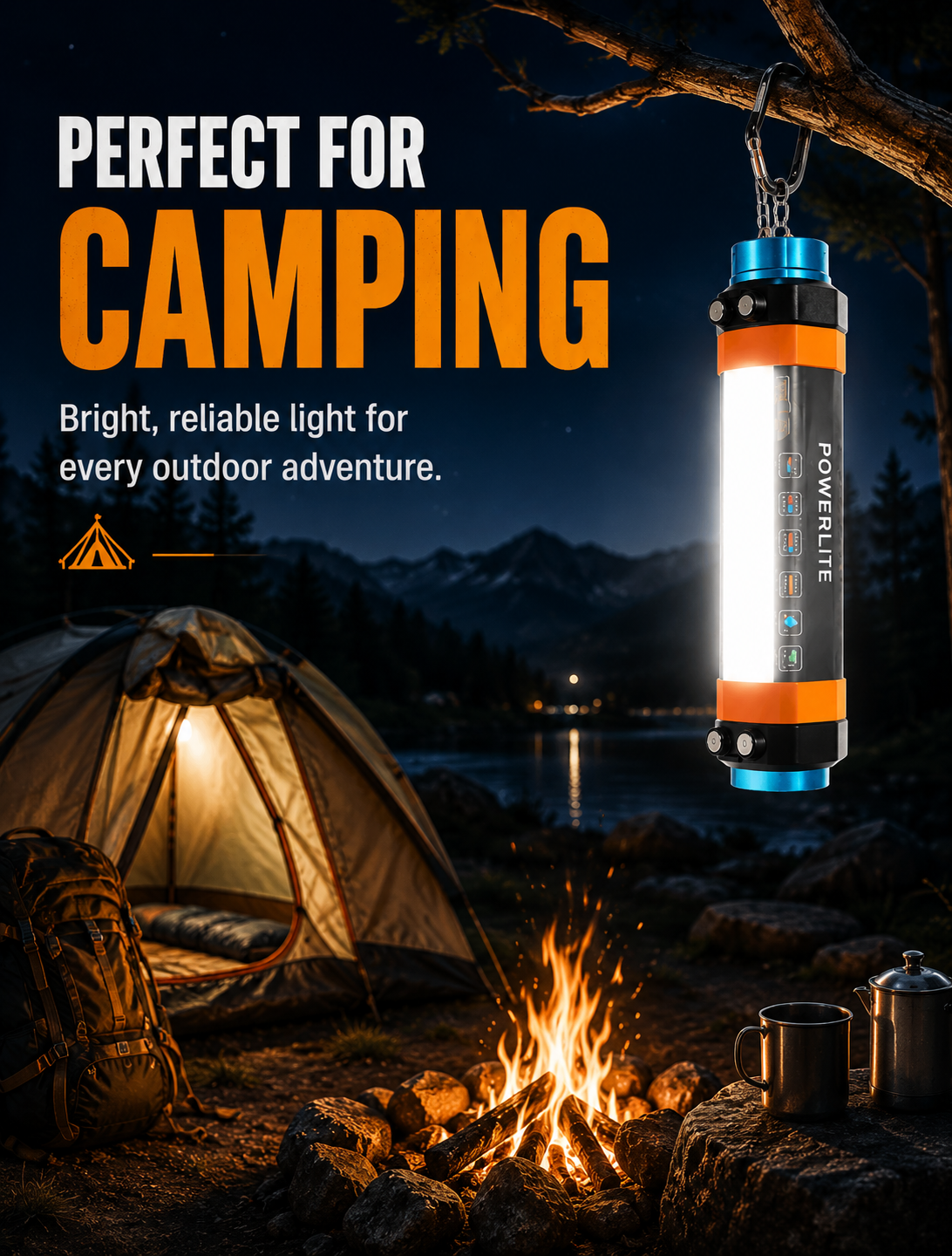 Lantern lighting up a campsite tent at night
