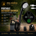 Portable outdoor camping shower kit with digital temperature display, rechargeable battery, shower head, hose, and accessories for camping, hiking, beach trips, and outdoor adventures.