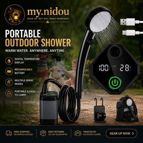 Portable outdoor camping shower kit with digital temperature display, rechargeable battery, shower head, hose, and accessories for camping, hiking, beach trips, and outdoor adventures.