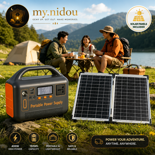Compact portable power station with AC outlets, USB ports, LED display, and carry handle, showing overall dimensions for camping, travel, and backup power use.