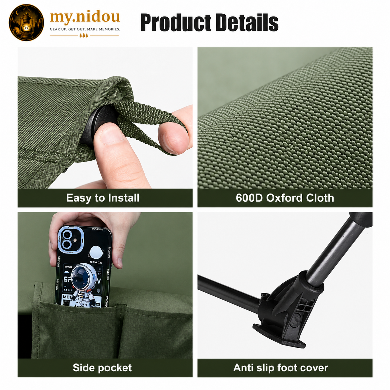 Camping cot features including 600D Oxford fabric, side storage pocket, anti-slip feet, and easy assembly design.
