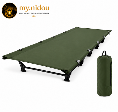 Lightweight folding camping cot with compact carry bag, portable outdoor sleeping bed for camping and backpacking.
