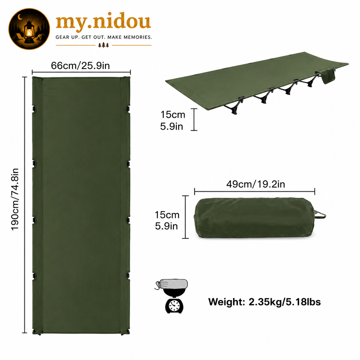 Ultralight camping cot dimensions 190 x 66 cm, folds to compact 49 x 15 cm carry size and weighs only 2.35 kg.