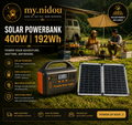 Portable solar power station kit with foldable solar panels, charging adapter, and built-in battery storage for camping, RV travel, emergency backup power, and outdoor adventures.