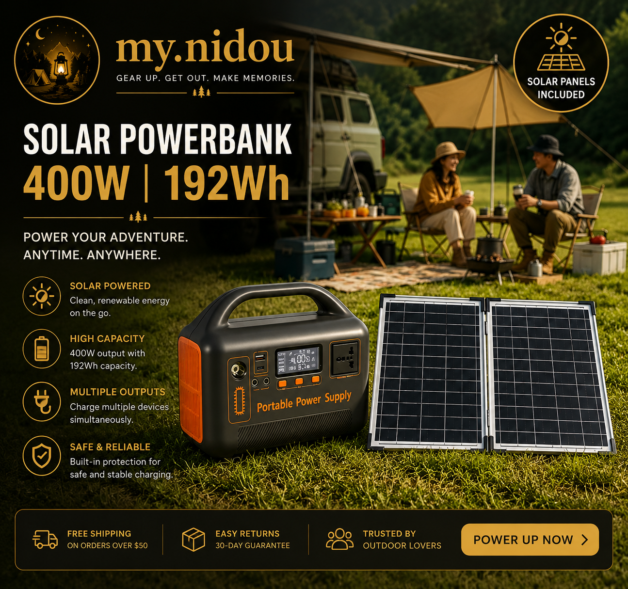 Portable solar power station kit with foldable solar panels, charging adapter, and built-in battery storage for camping, RV travel, emergency backup power, and outdoor adventures.